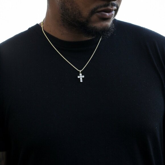 Mini Micro Elegant Yellow Gold Plated Iced Pointer Cross Pendant Necklace - Picture 3 of 6